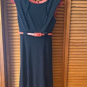 Dress Barn Navy and Coral Polka Dot Midi Dress